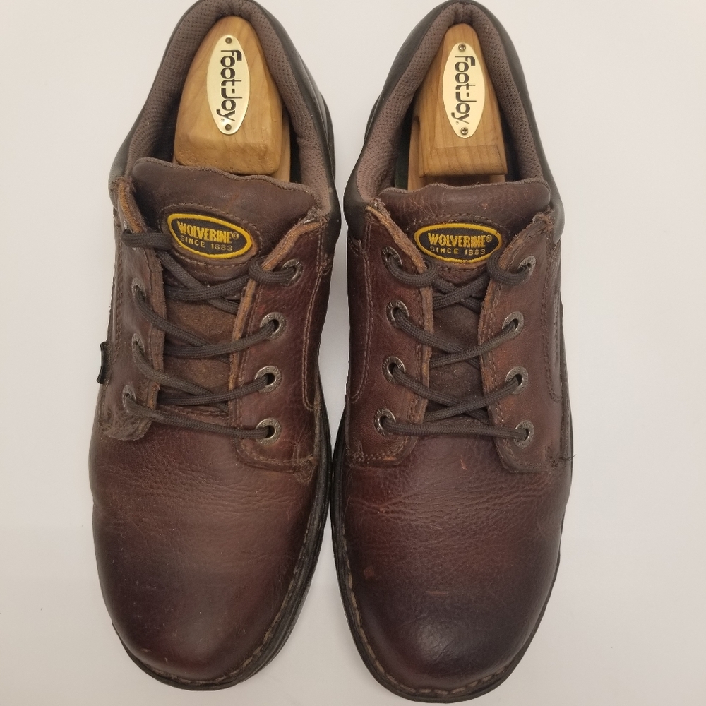 Wolverine Mens Size 9.5 Brown Leather Oxford Padded Heel Ortholite Dura Shocks